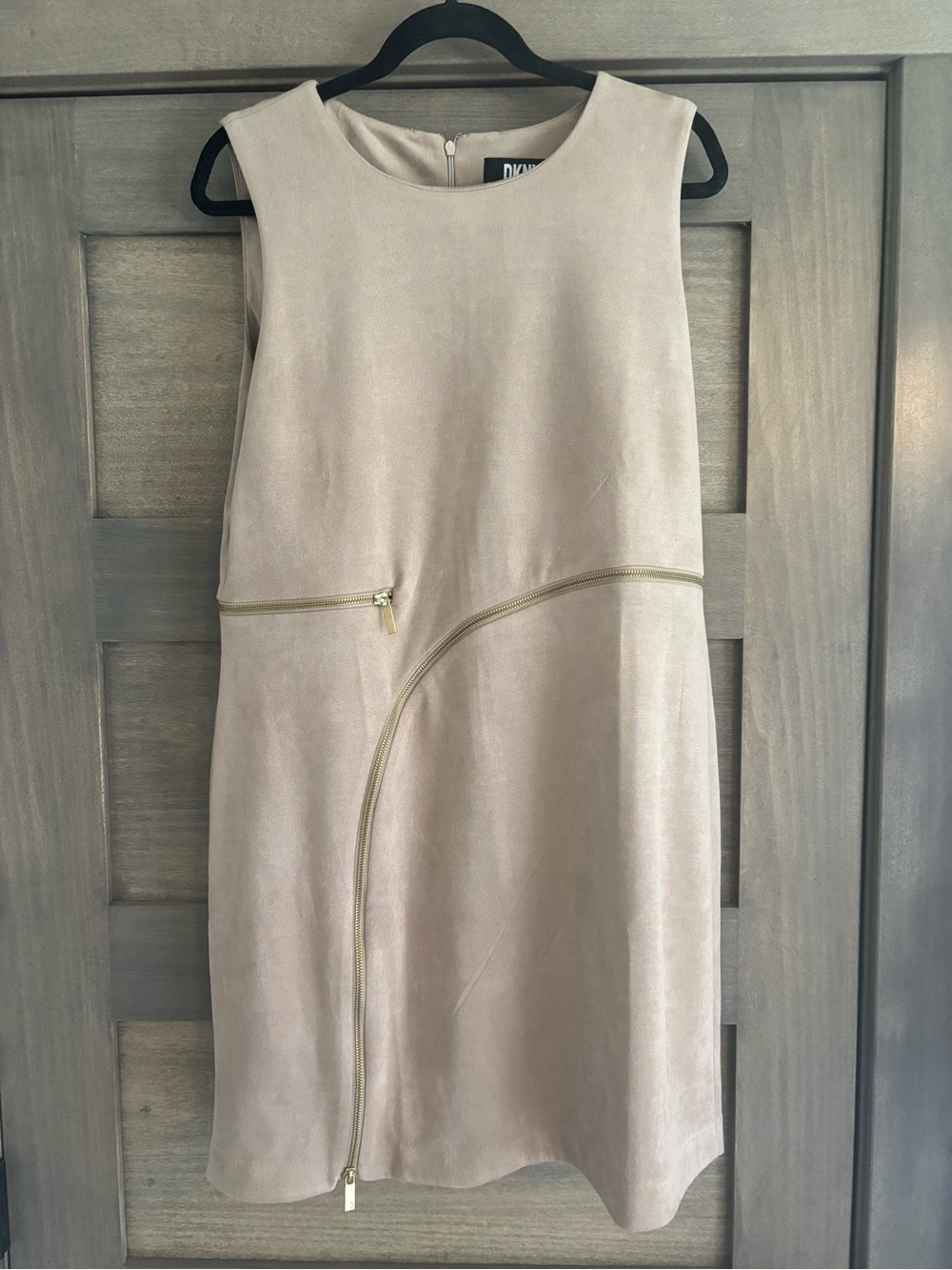 DKNY Cream Sleeveless Midi Dress with Curved Gold Zippers
